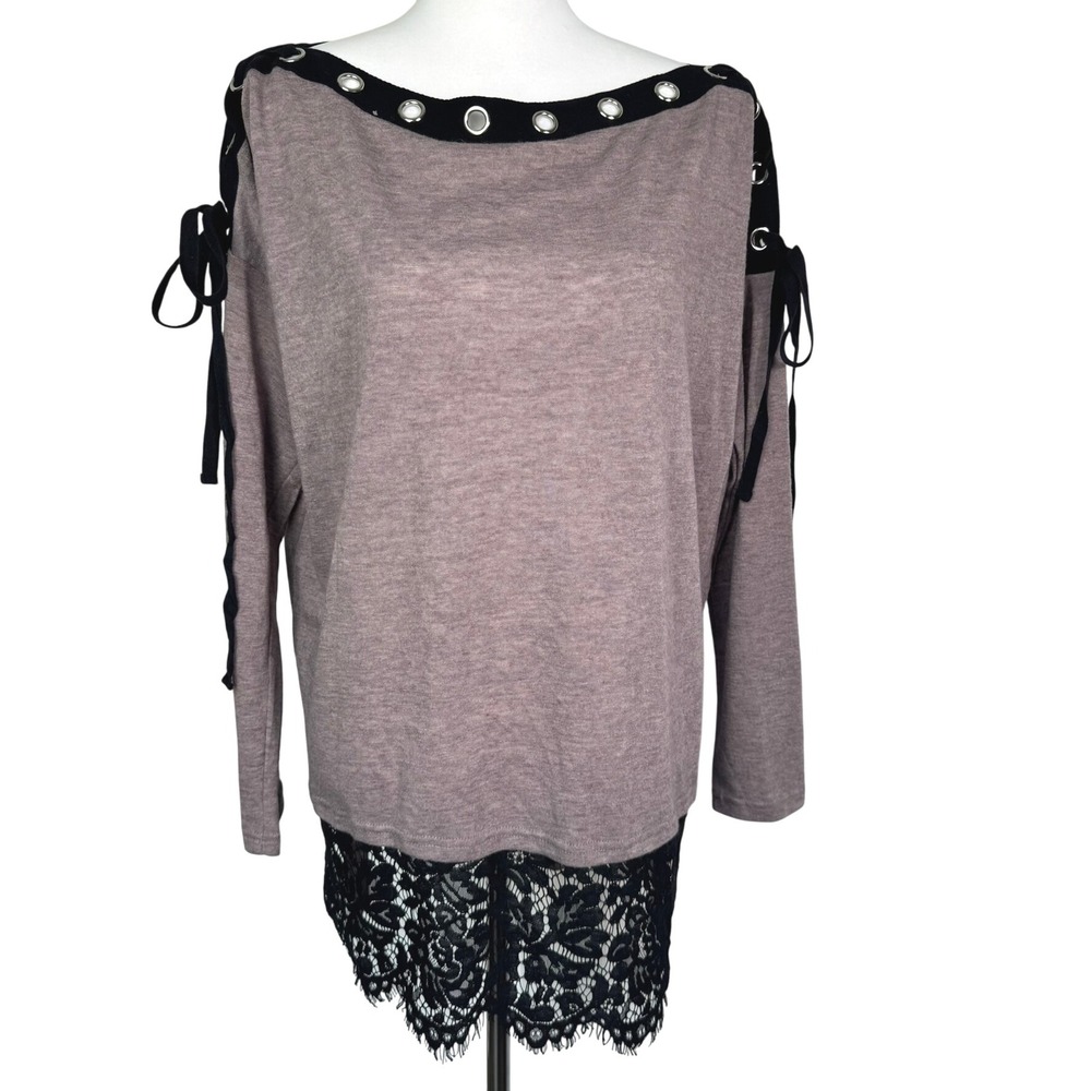 ENTRO NWT Women Small Mauve Black Lace Up Shoulder Grommet Long Sleeve Tunic Top